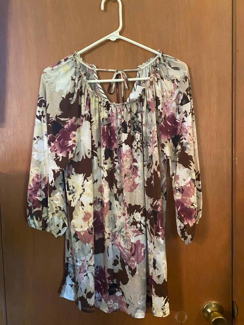 Honeyme Floral Peasant Blouse in Mauve, Cream, and Brown